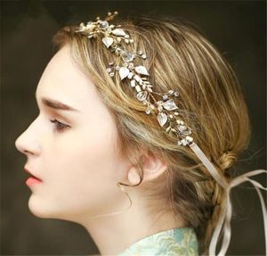 Vintage Wedding Bridal Crystal Headband Ribbon Rhinestone Crown Tiara Hair Band Jewelry Gold Leaf Pearl Hair Accessories Headdress2728820