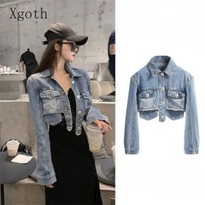 Jackets Ladies Coat Fashion Trend Wash Blue Turndown Collar Single Breasted Irregular Waist Exposed Raw Edge Denim Jacket Women Clothing