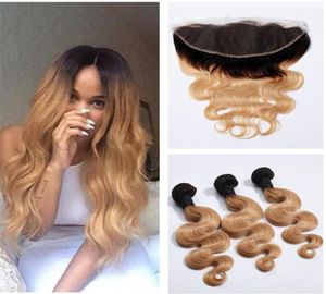 1B 27 Honey Blonde Ombre Brazilian Virgin Body Wave Human Hair Weave Bundles With Dark Roots Light Brown Ombre 13x4 Lace Frontal 7190395