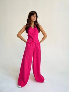 Pink Elegant Blazer 2 Pieces Sets High Waist Wide Leg Pants Suits Button Vest Outfit Office Ladie Summer 2023 Rose Y2K 240301