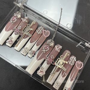 Luxury Handmade 3xl Long Coffin False Nail Tips Glittery Rhinestone Akryl Press On Nails Y2K Reusable XXL Fake With Lim 240305