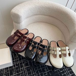 Holiday quality Sheepskin women's mules sandals Round-toe Flat slides slipper two buckle slip on Leather outsole Luxury designer slides for womens Vacation shoes