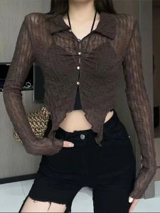 Camicia estiva trasparente camicetta da donna manica lunga irregolare Crop Top sexy ragazza calda skinny Y2k top moda coreana camicie protezione solare