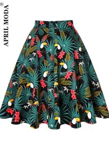 Kjolar papegoja djur tryckt höga midja kvinnor veckade retro kjol mantel de cocktail blad 50s 60s swing casual pinup kjolar sommar saias