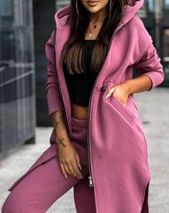 Kvinnor Sweatpants Set Autumnwinter Fashion Zipper Design Longline Hooded Coat Casual Cuffed Pants Two Piece Suit 240227