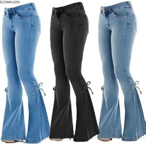 Jeans Mittlere Taille Stretch Flare Jeans Frauen Denim Hosen Breites Bein Buttlifted Casual Koreanischen Stil Dünne Bell-Bottom-Tasche Hose30