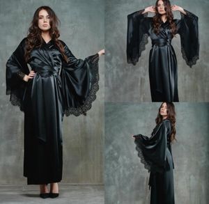 Black Women Night Robe Bathrobe Wedding Bride Bridesmaid Robes Silk Satin Spets Sleepwear Pyjamas Long Linglingies Bridal Party Showe7606452