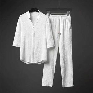 Men's Tracksuits Summer New Linen Set Traditional Mens Solid Tai Chi Uniform Retro V-neck Short sleeved Shirt and Pants Two piece Set J240305