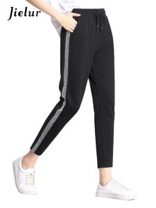 Capris kontrastpanel Sweatpants Women Casual Harem Pants Loose Elastic Trousers Women Black Randig Side Sweat Pants Female