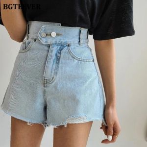 BGTEEVER High Waist Double Button Jeans for Women 2021 New Summer Chic Ripped Edge Female Denim Shorts Casual Bottoms