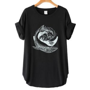 T-shirt Seeyoushy Whale Wave Print 2023 Summer Oneck Kort ärm Kvinnors t-shirt sida slits y2k estetiska kvinnors topp harajuku kläder