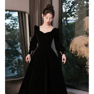 Casual Dresses Black Velvet Dress Autumn Winter Women's Beading Square Neck Long A-line Elegant Female Formal Party Evening Q899