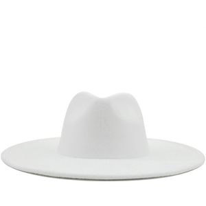 Nowy styl brytyjskiego wełny solidny klasyczny fedoras cap men kobiety Panama Jazz Hat 9 5 cm szerokości Brim Big White Fedoras245t