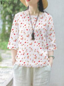 Blouse ZANZEA Women Fashion Round Neck Blouses Bohemian Flower Print Sweet Shirts 2023 Holiday Vintage 3/4 Sleeve Tops Casual Tunics