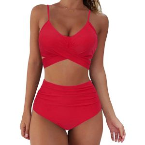 Frauen Sexy Solid Push Up High Cut Neckholder Bikini Set Zweiteiliger Badeanzug