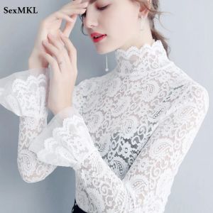 Blouse Sexy Transparent Long Sleeve Top Women 2023 Fashion Autumn Winter Basic Lace Blouses White Black Hollow Blusas Mujer Oversized