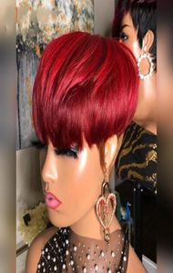 Ombre cor vermelha curto bob pixie corte peruca de cabelo humano máquina completa feita nenhuma peruca dianteira do laço com franja para preto branco feminino cosplay5009234