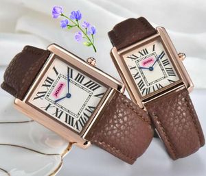 Top brand men and women tank roman dial watches square case genuine leather waterproof clock table quartz movement Ladies three stitches couple watch birthday gifts