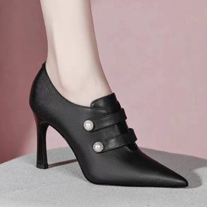 Dresses Bare Boots Women High Heels Dress Shoes Double Pearl Booties New Designer Winter Autumn Ankle Boots Zip Pointed Toe Pumps 1535N