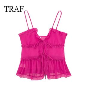 Camis Traf Rose Red Tops Women 2023 Summer Top Fashion genomskinlig skiktad topp kvinnlig kläd BOD KVINNA SEXY CROP TOP GRÖN