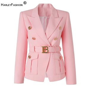 Blazers Fantastiska design Workwear Office Lady Luxury Ol Quality Pockets Blazer With Belt Baby Pink Formal Jacket For Women