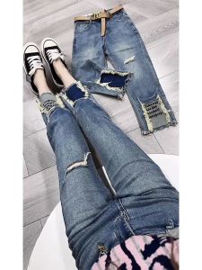 Y2k Birnenförmige Abnehmen Gerade Bein Jeans Kinder 2023 Plussize Sommer Dünne Stretch Ripped Eighth Pipe Hosen