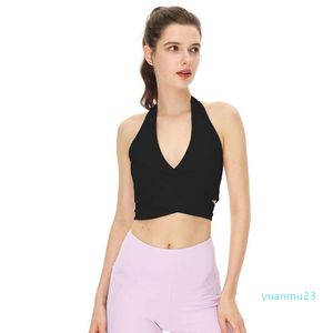 LU-014 Hängande halssport Bra Yoga Tank Topps Kvinnor V-Neck Beauty Back Fitness med vadderad Bra Vest Gymkläder