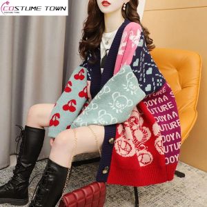 Cardigans Korean Cartoon Sweater Cardigan Women's Mid Length 2023 Autumn Wear Ny Löst passande mode stickat ytterklädertrend