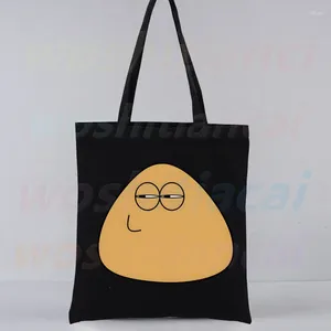 Sacos de compras Jogo Meu Pet Alien Pou Bolsa de Lona Preta Casual Grande Mão para Mulheres Senhoras Bolsa Capacidade de Impressão