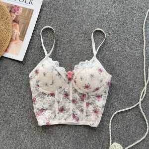 Camis Women Sıcak Tatlı Baskı Yaz Camis Birleşik içi boş Dantel Çiçek mahsul üst seksi Amerikan moda şeffaf v Boyun kolsuz korse