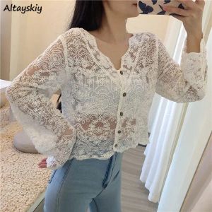 Blusa feminina blusa primavera retro gancho flor oco de manga comprida ponto aberto estilo francês vneck single holtted chic feminino feminino