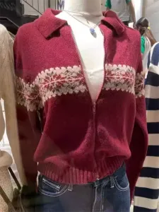 Cardigans Autumn Snow Jacquard vintage tröja Cardigan Kvinna avvisar krage dragkedja långärmad kappa avslappnad chic söt bomullströjor