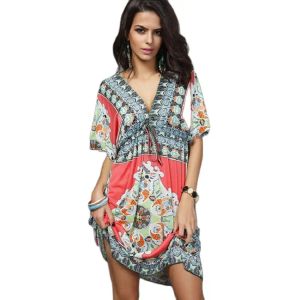 Vestido boho estilo novo vestido feminino de verão sexy vestidos de verão étnicos estampados túnica vestidos de praia plus size roupas casuais de seda frete grátis