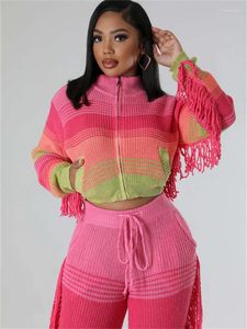 Women's Knits Fashion Design Tops For Women 2024 Fall Coat Pink Tassel Crop Streetwear Long Sleeve Patchwork Outerwear T Shirts