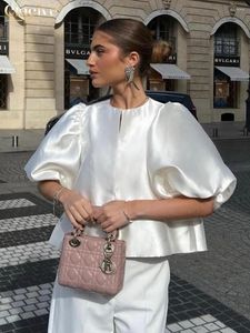 Damenblusen Clacive Sommer lose beige Satin-Hemd 2024 Mode O-Ausschnitt Puffärmel Shirts elegante klassische solide Top weibliche Kleidung