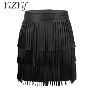 Dresses Sexy Women Tassel Mini Skirt Party Clubwear Hippie Boho Pu Leather High Waist Layered Fringe Tassel Bodycon Party Mini Skirt