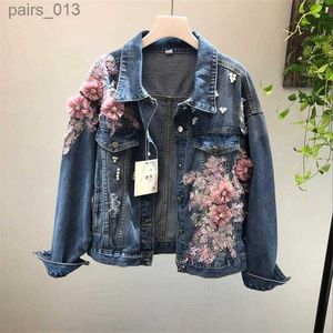 Women's Jackets Jackets Spring Autumn Jeans Coat Woman Heavy Stereo Pink Flower Embroidered Hole Denim Basic R700 240305