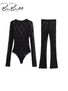 Abiti BlingBlingee Y2K Sheer Lace Women Skinny Body Tute Traf 2023 Autunno Scava Fuori Top a maniche lunghe Donna Split Svasato Pant Set