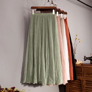 skirt Summer Thin Fashion Cotton Linen Skirt Women Literary Retro Loose Large Swing Skirts Vintage Vacation Elastic Waist Wrap Skirt