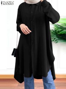 Tops Dubai Abaya Eid Kaftan Türkische Volle Sleve Solide Lange Hemd Muslimischen Tops Für Frauen ZANZEA 2023 Revers Hals Bluse isamic Kleidung