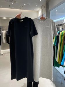 Elbise 2023 Kadınlar Pamuk Yuvarlak Yaka Sahte Cep Uzun Overthee Tshirt Kadın Yaz Elbise Vestidos Günlük Mujer Parti