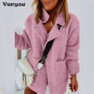 Jaquetas femininas elegante cor sólida camisola de malha 2023 inverno outono manga longa blusas grossas senhoras turndown colarinho cardigan casaco xl