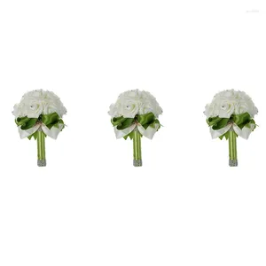 装飾的な花3xウェディングブーケブライダルブライドメイドの花人工ローズホワイトブーケグリーンリボン