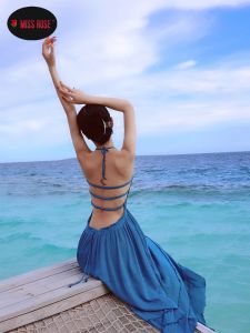 Vestido étnico de algodão linho beleza volta azul vestido longo halter boêmio praia férias quente sexy vestido de verão robe feminino senhora lua de mel wear