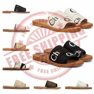 spedizione gratuita Sandali Woody da donna Ciabatte piatte Marrone chiaro beige bianco nero rosa blu pizzo Lettering pantofole di tela scarpe da donna estive per interni all'aperto eur35-42