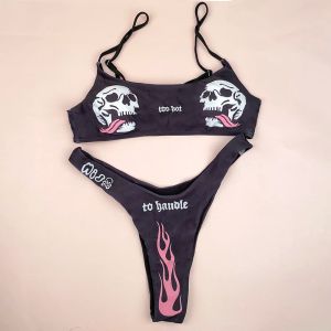 Set Halloween Goth Bikini Set For Women Girls Black Skull Tops Letter Tryckt Thong Outfit Sexig High Maisted Bikinis Underwear