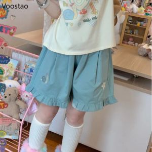 Pantaloncini Pantaloncini sportivi estivi Lolita Ragazza carina Chic Snail Dog Ricamo Volant Pantaloni corti Donna Harajuku Kawaii Pantaloni larghi a gamba larga