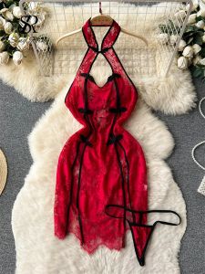 Ubierz Singreiny Chinese Style seksowna sher nocna sukienka Kobiet kantar Cheongsam koronkowa sukienka bez pleców+stringi podzielona erotyczna odzież nocna