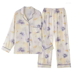 Kvinnors sömnkläder 2024 Satin Print Flip Collar Pocket Pijama Mujer långa ärmar Byxor Silk Pyjamas för kvinnor Viscose Elegant Home Clothes