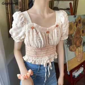 Blouse Floral Blouses for Women Puff Sleeve Crop Tops Slim Fit Summer Laceup Design Daily Korean Style Fashion Sweet Popular Vintage